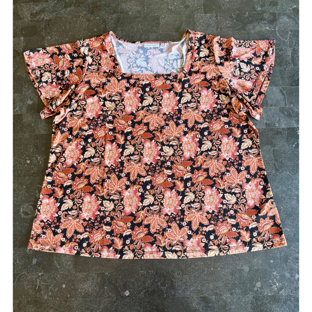 Susan Graver Orange Black Floral Square Neck Flutter Sleeve Top 2X Plus Size